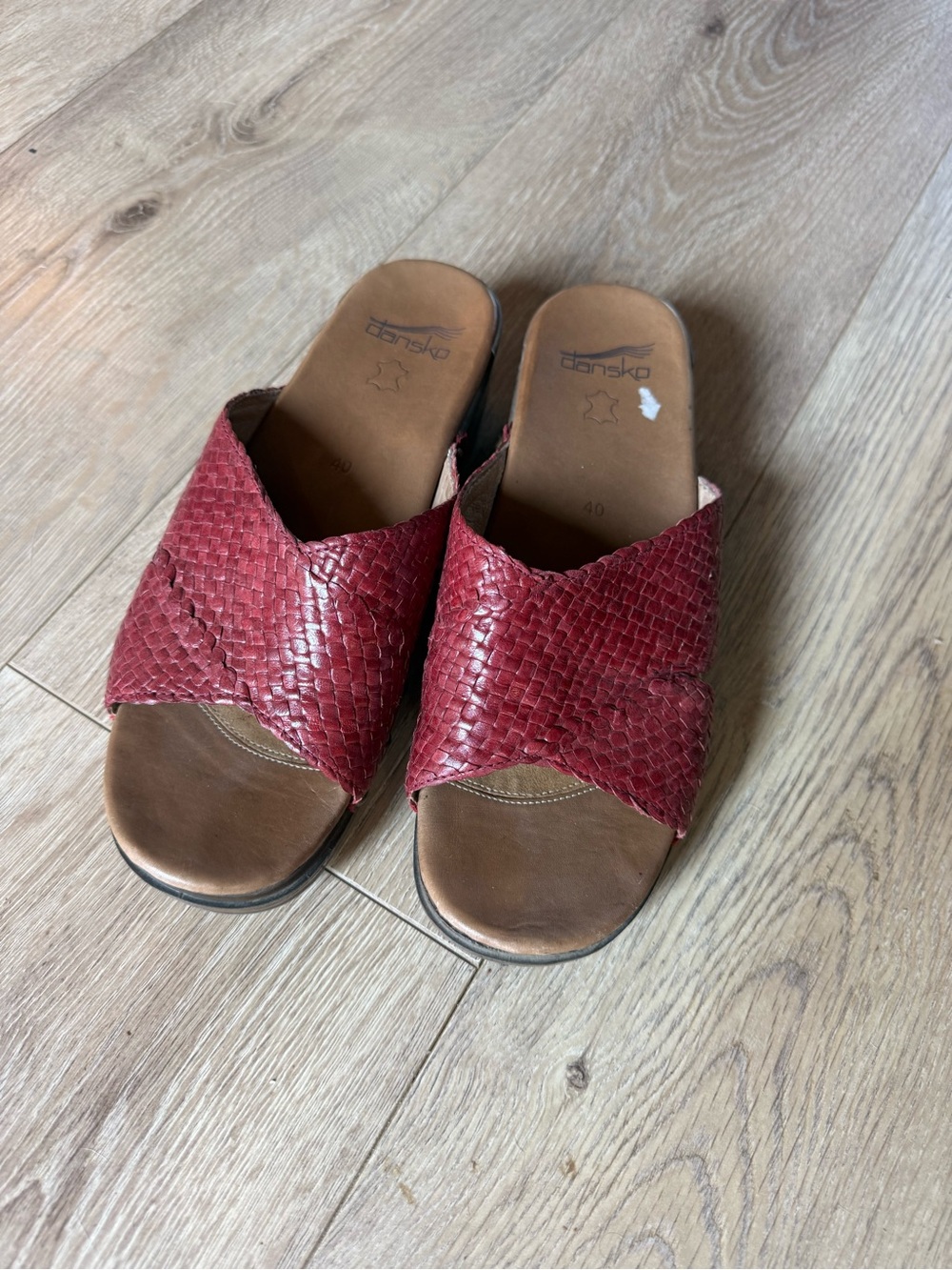 Dansko Red Woven Leather Slip-On Mules